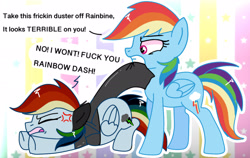 Size: 2026x1284 | Tagged: safe, artist:mlpcartel, derpibooru import, rainbow dash, pegasus, pony, bully, bullying, dragging, duster, elements of insanity, rainbine, vulgar