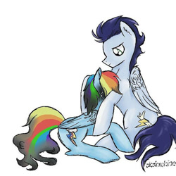 Size: 600x600 | Tagged: safe, artist:vinviasshine, derpibooru import, rainbow dash, soarin', pegasus, pony, female, hug, male, mare, sad, shipping, simple background, soarindash, stallion, straight, white background