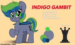 Size: 4096x2440 | Tagged: safe, artist:perezadotarts, derpibooru import, oc, oc only, oc:indigo gambit, bat pony, pony, bat pony oc, colored, cutie mark, fangs, looking at you, reference sheet, simple background, smiling, solo, text, wings