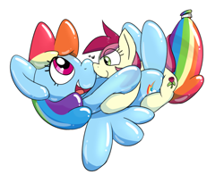 Size: 1634x1342 | Tagged: safe, anonymous artist, derpibooru import, rainbow dash, roseluck, earth pony, inflatable pony, pegasus, pony, balloon, balloon pony, balloon rainbow dash, cuddling, duo, duo female, female, heart, inflatable, nuzzling, riding, simple background, white background