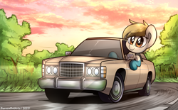 Size: 5096x3160 | Tagged: safe, artist:perezadotarts, derpibooru import, oc, oc only, oc:sand dollar, earth pony, pony, car, driving, female, ford, ford brougham, lights, mare, motion lines, sky, smiling, solo, vehicle