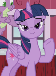 Size: 410x551 | Tagged: safe, derpibooru import, screencap, spike, twilight sparkle, twilight sparkle (alicorn), alicorn, dragon, pony, harvesting memories, spoiler:harvesting memories, spoiler:mlp friendship is forever, bedroom eyes, cropped, female, flying, looking at you, mare, raised hoof, raised leg, smiling, smiling at you, solo focus, stupid sexy twilight, sweet apple acres, sweet apple acres barn