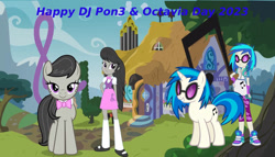 Size: 1184x675 | Tagged: safe, artist:gaelgaming1, derpibooru import, dj pon-3, octavia melody, vinyl scratch, equestria girls, boots, bowtie, capri pants, clothes, cutie mark, day, feminism, glasses, headphones, shirt, shoes, skirt, waistcoat