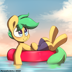 Size: 4096x4096 | Tagged: safe, artist:perezadotarts, derpibooru import, oc, oc only, oc:pen sketchy, pony, blushing, clothes, cloud, inner tube, male, pool toy, shorts, sky, smiling, solo, solo male, stallion, text, water