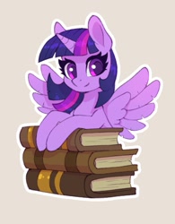 Size: 935x1200 | Tagged: safe, artist:asimos, artist:maytee, derpibooru import, twilight sparkle, twilight sparkle (alicorn), alicorn, pony, collaboration, beige background, book, bust, female, looking at you, mare, simple background, solo, spread wings, sticker, white outline, wings