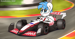 Size: 4096x2160 | Tagged: safe, artist:perezadotarts, derpibooru import, oc, oc only, oc:melodic, unicorn, car, circuit de spa francorchamps, driving, f1, f1 car, horn, male, motion blur, motion lines, race track, racecar, racing, smiling, solo, text, unicorn oc