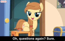 Size: 1920x1224 | Tagged: safe, derpibooru import, edit, oc, oc only, oc:cream heart, earth pony, pony, comic:celestia's servant interview, caption, cs captions, female, image macro, interview, mare, solo, text