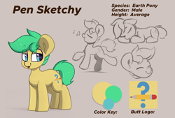 Size: 7760x5240 | Tagged: safe, artist:perezadotarts, derpibooru import, oc, oc only, oc:pen sketchy, earth pony, pony, :p, cutie mark, earth pony oc, pony oc, reference sheet, simple background, sketch, solo, tongue, tongue out