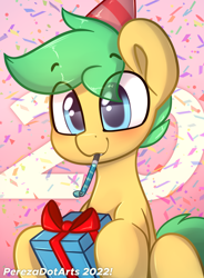 Size: 4240x5760 | Tagged: safe, artist:perezadotarts, derpibooru import, oc, oc only, oc:pen sketchy, earth pony, pony, birthday, blushing, confetti, earth pony oc, hat, party hat, party horn, pony oc, present, simple background, sitting, smiling, solo, text