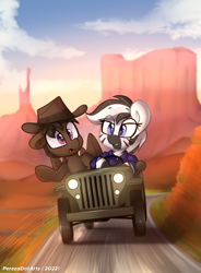 Size: 3240x4400 | Tagged: safe, artist:perezadotarts, derpibooru import, oc, oc only, pegasus, pony, zebra, car, clothes, cowboy hat, determined look, driving, hat, jeep, motion blur, motion lines, overalls, pegasus oc, pony oc, road, scared, sky, text, vehicle, zebra oc