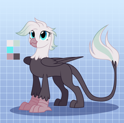 Size: 3000x2964 | Tagged: safe, alternate version, artist:nika-rain, derpibooru import, oc, oc only, griffon, cute, female, gradient background, griffon oc, reference sheet, show accurate, solo