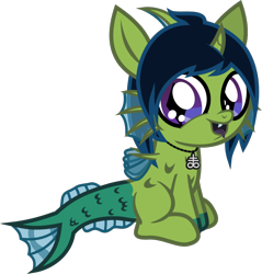 Size: 856x894 | Tagged: safe, artist:lightningbolt, derpibooru exclusive, derpibooru import, oc, oc only, oc:demon hellspawn, hybrid, pony, .svg available, baby, baby pony, colored hooves, colored tongue, curved horn, fangs, fins, fish tail, half-siren, happy, horn, jewelry, leviathan cross, looking at you, magical gay spawn, male, necklace, offspring, open mouth, scales, show accurate, silly face, simple background, sitting, slit eyes, solo, svg, tail, tongue, tongue out, transparent background, vector