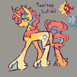 Size: 1280x1280 | Tagged: safe, artist:sillyfillies, derpibooru import, oc, oc only, oc:tinselstop trickshot, pony, unicorn, colored hooves, curved horn, gray background, horn, magical lesbian spawn, next generation, offspring, parent:sunset shimmer, parent:trixie, parents:suntrix, simple background, solo, unicorn oc, unshorn fetlocks