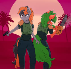 Size: 4048x3932 | Tagged: safe, derpibooru import, oc, oc only, oc:kelly foster, oc:tarhoon sunflare, anthro, anthro oc, chainsaw, dawn, hotline miami, miami, moon, palm tree, simple background, tree, weapon, west