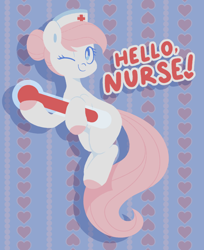 Size: 1280x1568 | Tagged: safe, artist:glowfangs, derpibooru import, nurse redheart, earth pony, pony, colored hooves, hat, missing cutie mark, nurse hat, one eye closed, smiling, solo, thermometer, wink