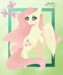 Size: 811x960 | Tagged: safe, artist:mix2546, derpibooru import, fluttershy, pegasus, pony, blushing, cutie mark background, female, mare, signature, smiling, solo, tail, windswept mane, windswept tail