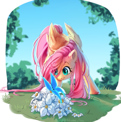 Size: 1160x1168 | Tagged: safe, artist:wolfythewolf555, derpibooru import, fluttershy, butterfly, pegasus, pony, cute, eye clipping through hair, female, flower, looking at something, mare, shyabetes, solo