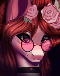Size: 4000x5000 | Tagged: safe, artist:minckies, derpibooru import, oc, oc only, earth pony, pony, bust, choker, earth pony oc, flower, flower in hair, glasses, rose, smiling, solo