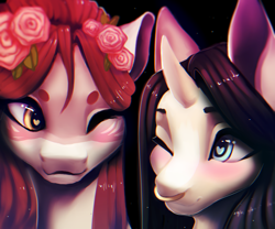 Size: 6000x5000 | Tagged: safe, artist:minckies, derpibooru import, oc, oc only, earth pony, pony, unicorn, blushing, duo, earth pony oc, female, flower, flower in hair, horn, mare, nose piercing, nose ring, one eye closed, piercing, rose, smiling, unicorn oc, wink
