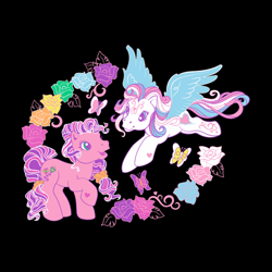 Size: 500x500 | Tagged: safe, derpibooru import, skywishes, star catcher, butterfly, earth pony, pegasus, pony, g3, black background, canon ship, duo, duo female, female, flower, hasbro, implied lesbian, lgbt, official, pride, pride month, rainbow colors, shipping, shipping fuel, simple background, t shirt design