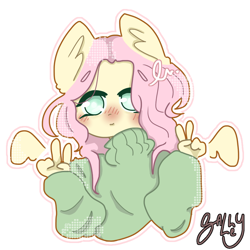 Size: 1000x1000 | Tagged: safe, artist:peachyrus, derpibooru import, fluttershy, anthro, blushing, clothes, female, mare, outline, peace sign, simple background, solo, spread wings, sweater, sweatershy, white background, wings