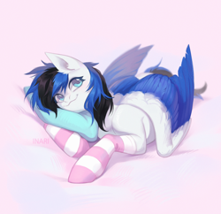 Size: 3100x3000 | Tagged: safe, artist:inarimayer, derpibooru import, oc, oc only, pegasus, pony, :3, clothes, colored wings, cute, lying down, pegasus oc, pillow, smiling, socks, solo, striped socks, two toned wings, wings