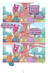 Size: 1250x1873 | Tagged: safe, artist:sugarlesspaints, derpibooru import, cheerilee, pipsqueak, anthro, comic:earning your stripes, comic, dialogue, exclamation point, speech bubble, treehouse, wide eyes, z-book universe