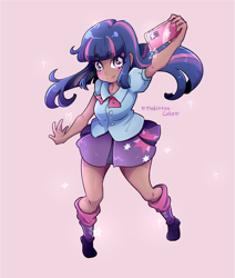 Size: 1184x1397 | Tagged: safe, alternate version, artist:pinkittencake, derpibooru import, twilight sparkle, human, equestria girls, blushing, cellphone, dark skin, female, human coloration, humanized, moderate dark skin, phone, pink background, selfie, signature, simple background, smartphone, smiling, solo