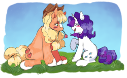 Size: 1280x794 | Tagged: safe, artist:mapleeheart, derpibooru import, applejack, rarity, earth pony, pony, unicorn, blushing, cowboy hat, duo, female, flower, flower in mouth, grass, hat, heart, lesbian, mouth hold, rarijack, shipping, sitting, sky