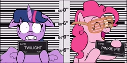 Size: 8261x4120 | Tagged: safe, artist:sketchyboi25, derpibooru import, pinkie pie, twilight sparkle, twilight sparkle (alicorn), alicorn, earth pony, pony, barbie mugshot meme, duo, ears, floppy ears, meme, mugshot, sunglasses, varying degrees of want