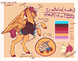 Size: 2048x1606 | Tagged: safe, artist:ask-trans-scoots, derpibooru import, scootaloo, scooteroll, pegasus, pony, alternate cutie mark, bandage, bipedal, clothes, dyed mane, ear piercing, english, female to male, hoodie, male, piercing, reference sheet, rule 63, scar, self harm, self harm scars, smiling, solo, teenager, trans male, transformation, transgender, transgender transformation, tumblr:ask trans scootaloo, wings