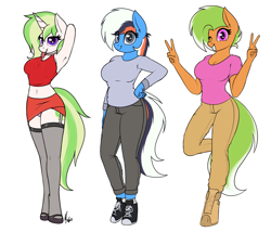 Size: 3613x3090 | Tagged: safe, artist:ponynamedmixtape, derpibooru import, oc, oc only, oc:araceli chrysanthemum, oc:keylime curio, oc:warm winds, anthro, earth pony, unguligrade anthro, unicorn, arm behind head, armpits, clothes, converse, double peace sign, female, females only, garters, hoof shoes, midriff, pants, peace sign, shoes, simple background, skirt, stockings, thigh highs, trio, trio female, white background