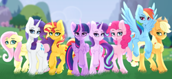 Size: 5000x2300 | Tagged: safe, artist:kiracatastic, derpibooru import, applejack, fluttershy, pinkie pie, rainbow dash, rarity, starlight glimmer, sunset shimmer, twilight sparkle, twilight sparkle (alicorn), alicorn, earth pony, pegasus, pony, unicorn, cheek fluff, chest fluff, female, grass, group shot, line-up, mane six, mare, smiling, unshorn fetlocks