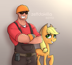 Size: 3200x2900 | Tagged: safe, artist:zeffdakilla, derpibooru import, applejack, earth pony, human, pony, belt, clothes, crossed arms, crossover, duo, engineer, goggles, hat, helmet, looking at each other, looking at someone, overalls, raised hoof, raised leg, smiling, smiling at each other, standing, team fortress 2