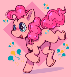 Size: 1897x2048 | Tagged: safe, artist:silverycryptid, derpibooru import, pinkie pie, earth pony, pony, colored, cute, diapinkes, digital art, female, happy, mare, open mouth, open smile, raised hoof, raised leg, simple background, smiling, solo, trotting