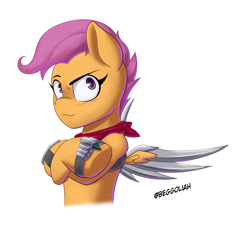 Size: 2883x2610 | Tagged: safe, artist:begoliah, derpibooru import, scootaloo, pegasus, semi-anthro, comic:crusaders, amputee, artificial wings, augmented, female, prosthetic limb, prosthetic wing, prosthetics, simple background, solo, transparent background, wings