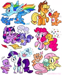 Size: 1389x1671 | Tagged: safe, artist:raystarkitty, derpibooru import, applejack, fluttershy, pinkie pie, rainbow dash, rarity, twilight sparkle, twilight sparkle (alicorn), alicorn, earth pony, pegasus, pony, unicorn, care bear cousins, care bears, crossover, cute, flying, lying down, mane six, quill, scroll, simple background, sitting, smiling, white background
