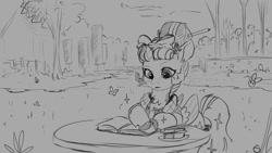 Size: 1024x576 | Tagged: safe, artist:hierozaki, derpibooru import, twilight sparkle, twilight sparkle (alicorn), alicorn, butterfly, pony, alternate hairstyle, book, female, mare, outdoors, pencil behind ear, reading, sketch, solo, table