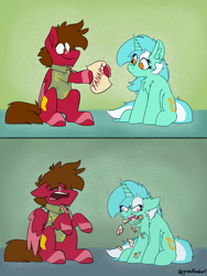 Size: 3000x4000 | Tagged: safe, artist:grandfinaleart, derpibooru import, lyra heartstrings, oc, oc:grand finale, pegasus, pony, unicorn, brown eyes, brown hair, brown mane, brown tail, chest fluff, chin fluff, digital art, duo, duo male and female, facial hair, female, folded wings, goatee, horn, l.u.l.s., male, mare, orange eyes, pegasus oc, red fur, simple background, sitting, smiling, stallion, stallion oc, tail, unshorn fetlocks, wings