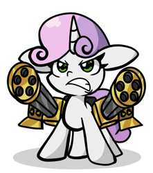 Size: 1320x1496 | Tagged: safe, artist:derp pone, derpibooru import, sweetie belle, pony, unicorn, angry, gritted teeth, minigun, not sweetie bot, simple background, solo, teeth, transparent background, weapon