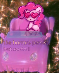 Size: 564x705 | Tagged: safe, artist:confetticakez, derpibooru import, pinkie pie, earth pony, pony, car, dissonant caption, female, glasses, heart shaped glasses, mare, solo, text