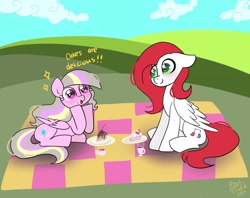 Size: 2048x1620 | Tagged: safe, artist:petaltwinkle, derpibooru import, oc, oc only, oc:petal twinkle, pegasus, pony, blushing, cake, cake slice, cute, dialogue, duo, ears, female, floppy ears, food, mare, picnic, picnic blanket