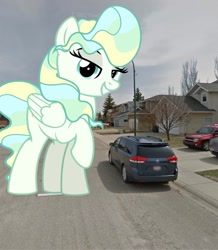 Size: 1787x2048 | Tagged: safe, artist:jhayarr23, derpibooru import, vapor trail, pegasus, pony, building, canada, car, city, female, giant pony, giantess, highrise ponies, house, irl, macro, mare, overcast, photo, ponies in real life, tree, van, vector