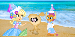 Size: 6912x3456 | Tagged: safe, derpibooru import, applejack, smolder, dragon, ghost, human, undead, equestria girls, 1000 years in photoshop, beach, beautiful, clothes, cute, dragoness, dress, ear piercing, female, froufrou glittery lacy outfit, gloves, gown, happy, hat, hennin, humanized, jackabetes, jewelry, long gloves, molly mcgee, necklace, piercing, pretty, princess, princess applejack, princess smolder, smiling, smolderbetes, spoilers for another series, the ghost and molly mcgee, trio, trio female