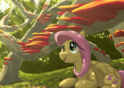 Size: 3508x2480 | Tagged: safe, artist:neoshrek, derpibooru import, fluttershy, pegasus, crepuscular rays, cute, dappled sunlight, fungus, lying down, mushroom, prone, shyabetes, solo