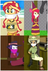 Size: 2927x4298 | Tagged: safe, artist:robukun, derpibooru import, apple bloom, chestnut magnifico, daring do, rarity, sunset shimmer, human, equestria girls, bondage, bound and gagged, cloth gag, clothes, damsel in distress, detective rarity, dress, gag, gown, hat, hennin, humanized, kidnapped, pole tied, princess, princess apple bloom, rope, rope bondage, struggling, tied to chair, tied up