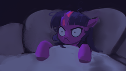 Size: 1920x1080 | Tagged: safe, artist:hierozaki, derpibooru import, twilight sparkle, pony, unicorn, :c, >:c, angry, bed, female, frown, lying down, mare, on back, reaction image, relatable, scowl, shrunken pupils, solo