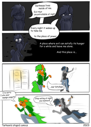 Size: 656x909 | Tagged: safe, derpibooru import, oc, oc:azerra, oc:tarhoon sunflare, anthro, earth pony, 4 panel comic, comic, eyes closed, eyes open, female, funny, hammer, mare, open mouth, refrigerator, running, text