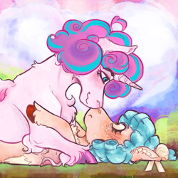 Size: 1500x1500 | Tagged: safe, artist:amendokat, derpibooru import, cozy glow, princess flurry heart, alicorn, pegasus, pony, :3, :<, blushing, chest fluff, cozyheart, cute, duo, duo female, female, lesbian, looking at each other, looking at someone, mare, nose to nose, older, older cozy glow, older flurry heart, shipping, smiling, unshorn fetlocks