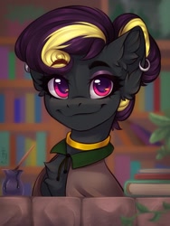 Size: 1200x1600 | Tagged: safe, artist:falafeljake, derpibooru import, oc, oc only, oc:note jotter, earth pony, pony, book, bookshelf, bust, chest fluff, clothes, ear fluff, ear piercing, earring, ears, earth pony oc, eyebrows, eyebrows visible through hair, eyeshadow, female, hair bun, inkwell, jewelry, looking at you, makeup, mare, piercing, portrait, robe, smiling, smiling at you